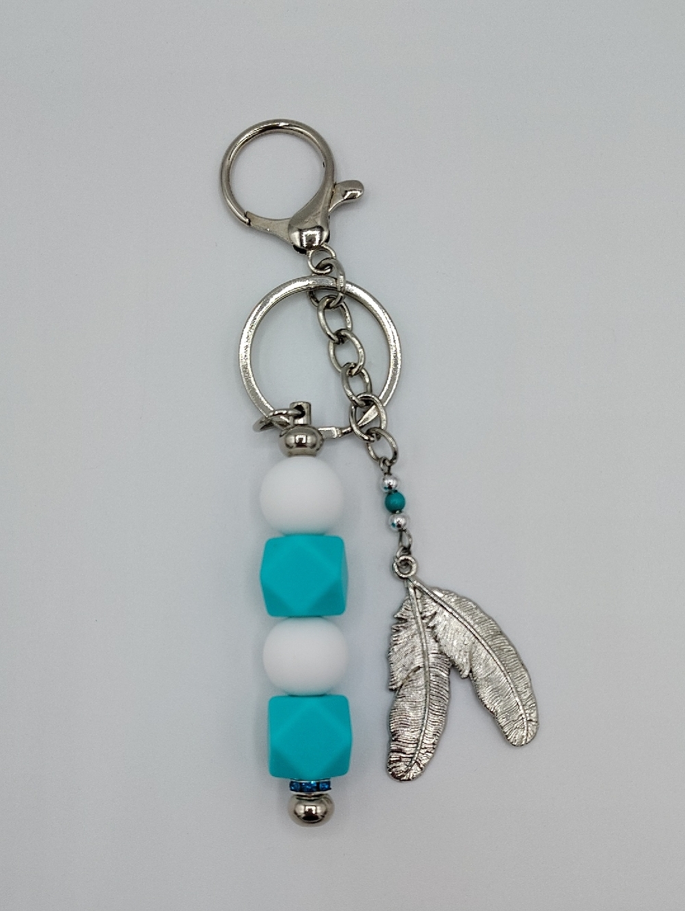 Handcrafted Turquoise & White Beaded Feather Keychain/Bag Charm